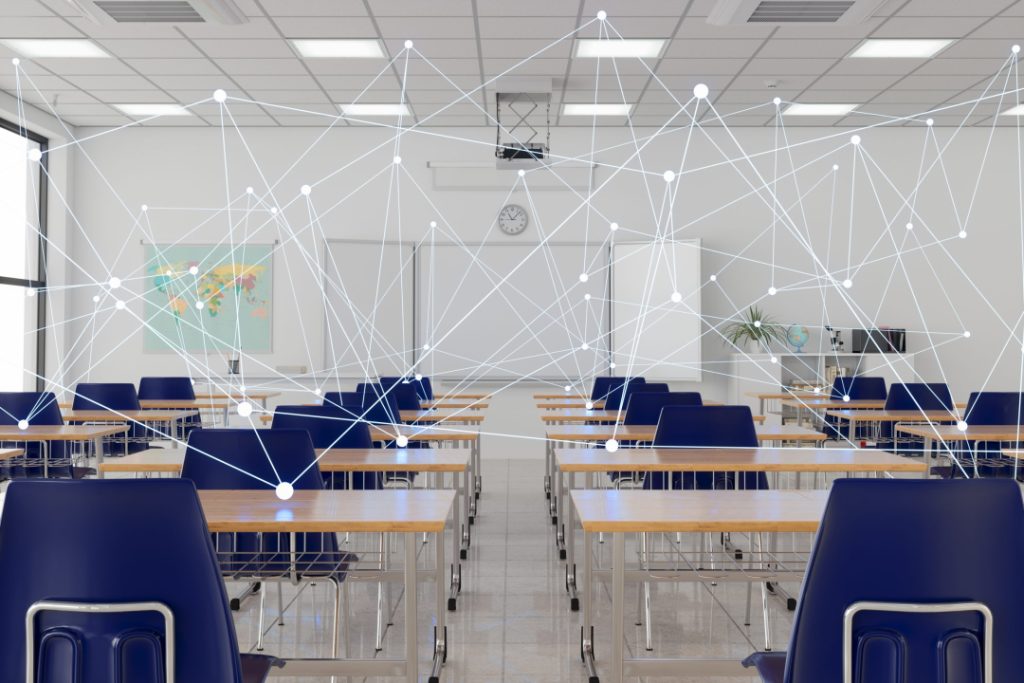 Classroom with computer network lines connecting desks
