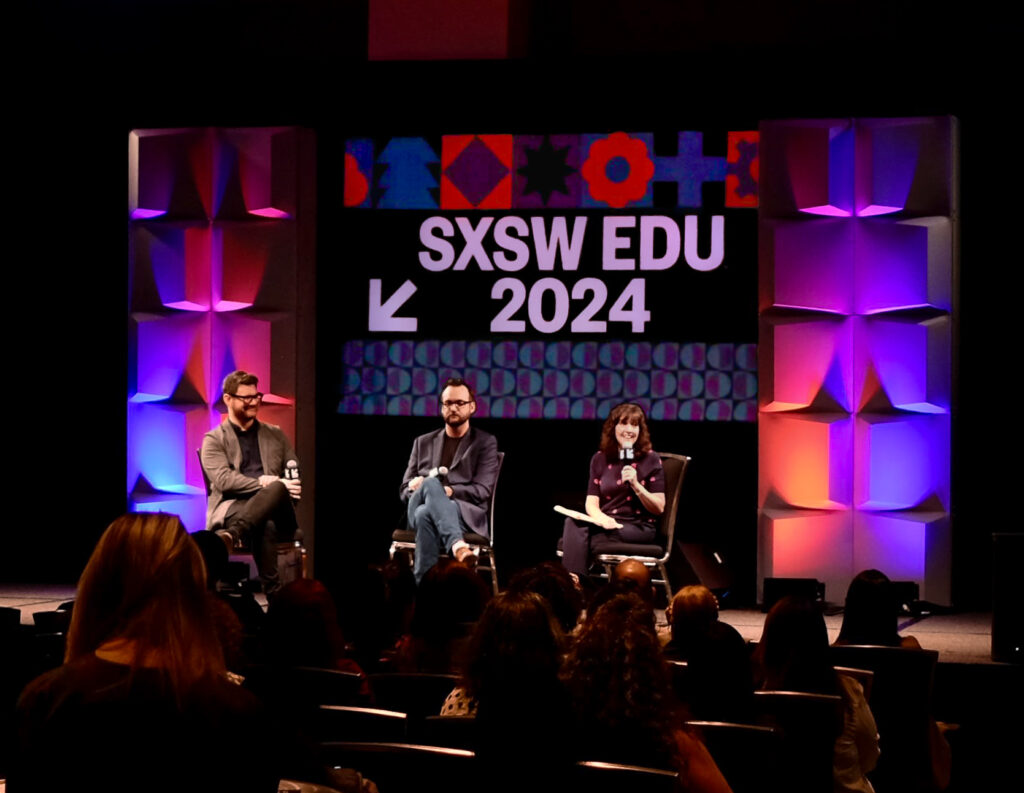 Three people speak onstage at South by Southwest EDU 2024.