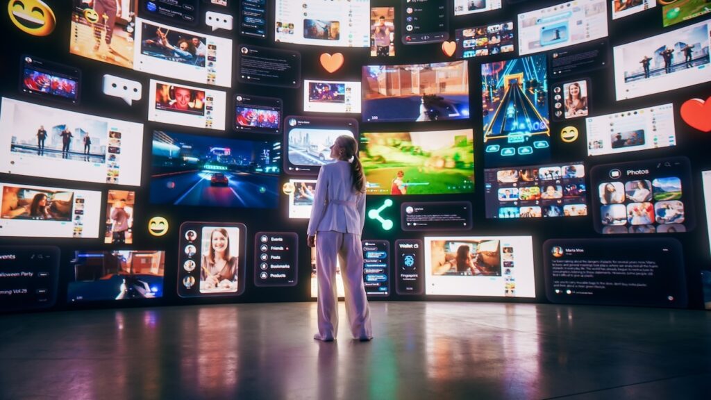 A young woman stands in the middle of a large digital display area full of phone applications.
