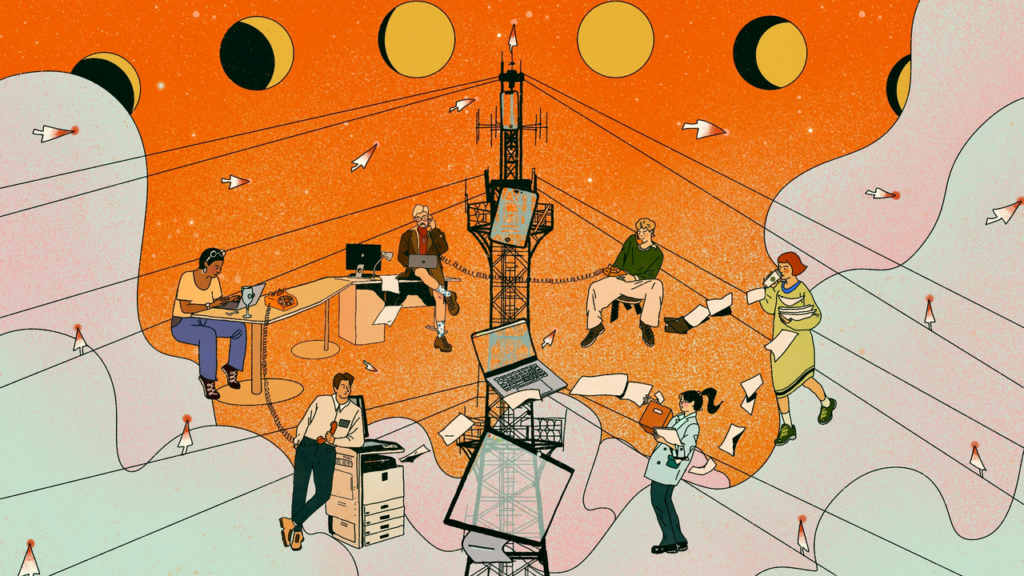 The undying sun hangs in the sky, as people gather around signal towers, working through their digital devices.